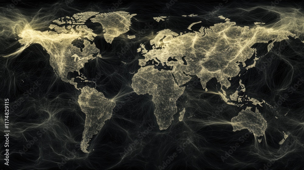 Poster a panoramic view of a digital world map created with dots and triangles, symbolizing global connecti