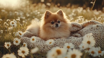 Obraz premium A fluffy Pomeranian dog relaxing on a cozy blanket in a field of daisies during sunset.
