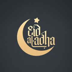 Obraz premium Elegant Eid al Adha Written Typography Template with Moon and Star Symbols, Hand-lettered Calligraphy for Religious Celebrations and Holiday Greetings
