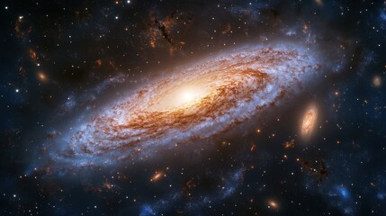 Obraz premium A stunning spiral galaxy illuminated with hues of orange and blue against a backdrop of countless stars.