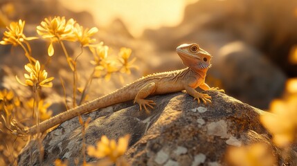 Fototapeta premium A bearded dragon lizard basking on a rock surrounded by golden flowers, showcasing its vibrant colors.
