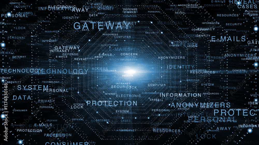 Wall mural concept computer tech word cloud digital space illustration.