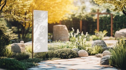 Mockup of a roll-up banner displayed in an outdoor garden event