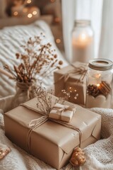 Photo of rustic gifts wrapped in kraft paper, decorated with dried flowers and tied with twine, surrounded by jars and warm lights for a cozy, festive atmosphere