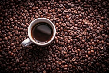 Fototapeta premium Overhead view: aromatic coffee beans surrounding a pristine white coffee cup.