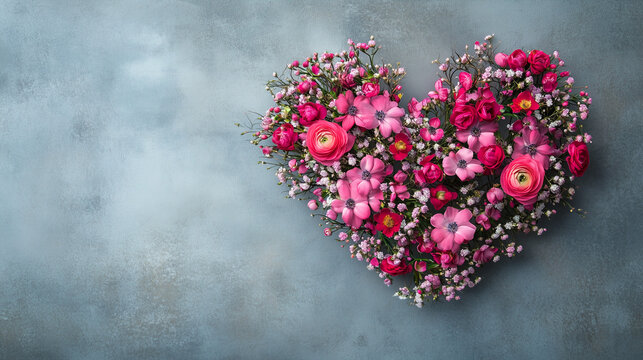 Romantyczna kompozycja w kształcie serca, wypełniona delikatnymi kwiatami i subtelnymi dekoracjami, idealna na Walentynkowe kartki, zaproszenia lub projekty miłosne.