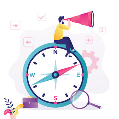 Businessman with binocular and compass. Business compass guidance direction or opportunity, make decision for business direction, finding investment opportunity © Marina