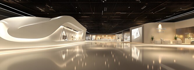 A sleek and spacious exhibition hall with smooth floors, white walls, and ample lighting, offering an ideal backdrop for products and textual content