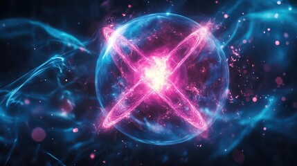 Abstract glowing sphere with pink and blue energy effects.