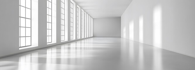 A sleek and spacious exhibition hall with smooth floors, white walls, and ample lighting, offering an ideal backdrop for products and textual content
