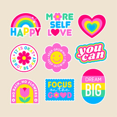 Set of positive thinking concept stickers design. Encourage quotes lettering with cute elements.