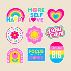 Set of positive thinking concept stickers design. Encourage quotes lettering with cute elements.