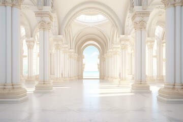 Bright elegant palace interior with white marble columns, arches, skylight and ocean view, perfect for events and celebrations