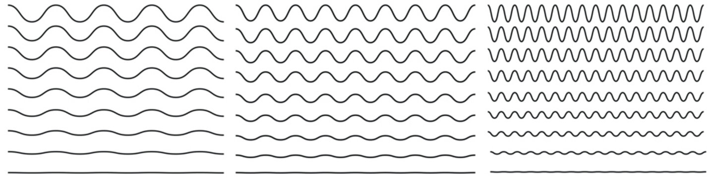 Set of wavy zigzag stroke lines pattern. Vector line border, wave ripple, zigzag, borders.