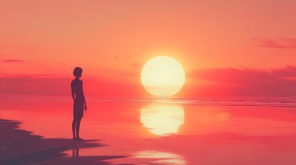 Fototapeta premium Silhouette Person Watching Sunset Ocean Beach Scene