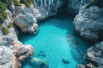 Crystal clear turquoise water in a secluded coastal cave surrounded by rocky cliffs in a serene...