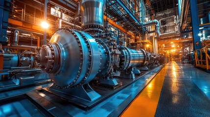 Obraz premium Industrial machinery in a power plant with pipes and lights.