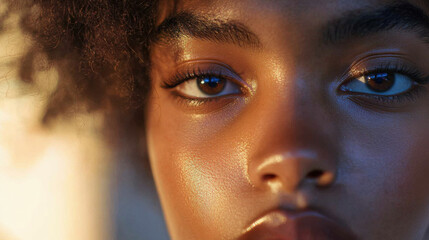 Close-Up Portrait of a Young Woman with Beautiful Skin and Natural Makeup in a Soft Light Setting Highlighting Features and Expressions