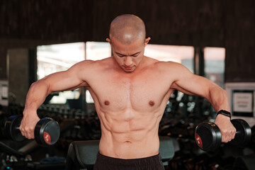 Naklejka na ściany i meble A muscular, shirtless man is doing a dumbbell lateral raise at the gym. The image highlights his defined shoulder muscles and his dedication to fitness.