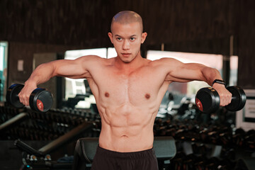 A muscular, shirtless man is doing a dumbbell lateral raise at the gym. The image highlights his...