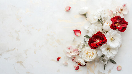 Red and white roses peonies and white marble