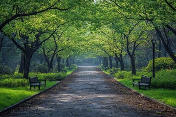 Fototapeta premium Tranquil park pathway surrounded by lush green trees on a sunny day in a city