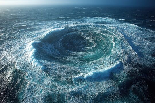 Powerful whirlpool forms in deep ocean waters during a stormy day