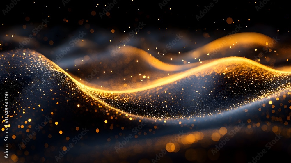 Poster mesmerizing depth filled waveform reflections with symmetrical sparkle blending gradient contours an