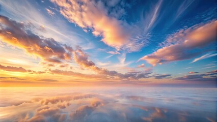 Fototapeta premium Serene Sunset Panorama A breathtaking view of a colorful sky reflecting on tranquil waters, showcasing vibrant hues of orange, pink, and blue in a mesmerizing natural spectacle.