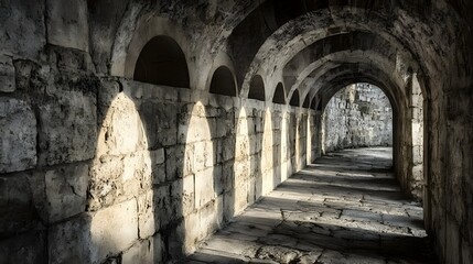 Naklejka premium Mystical archway of ancient weathered stone emphasizing the interplay of light and shadow the texture and history of this historic architectural A passageway through time inviting and wonder