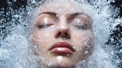 Serenity Beneath the Surface: A Close-Up of a Woman's Face Immersed in Water, Capturing Tranquility and Calm Amidst a Splashing Scene