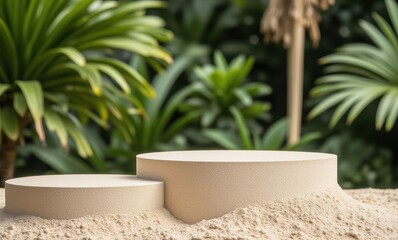 Elegant display pedestals in serene greenery