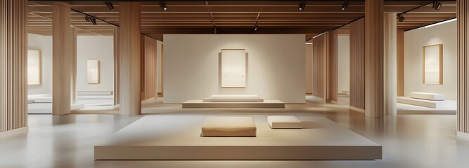 A wide, neutral-toned exhibition space with smooth floors, tall ceilings, and clean lines, ideal for showcasing products and adding promotional text