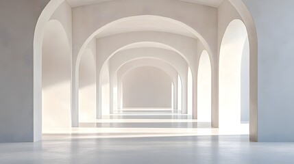 A sequence of arched passageways in a minimalist well lit interior space creating a visually striking and rhythmic architectural design