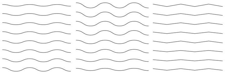 Set of wavy zigzag stroke lines pattern. Vector line border, wave ripple, zigzag, borders.