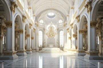 Cathedral interior with white marble floor, columns and golden decorations shining in the sunlight