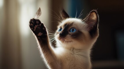Fototapeta premium Playful Siamese kitten reaching for a feather with bright blue eyes and soft fur.