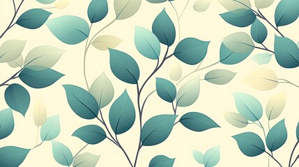 Fototapeta premium Serene Leaf Pattern: A seamless design featuring delicate teal leaves on a soft yellow background, evoking tranquility and natural beauty. Perfect for textile, wallpaper, or digital applications. 