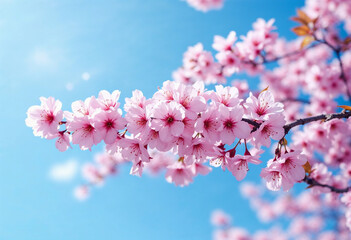 Naklejka premium Blooming Sakura Branch Against Bright Spring Sky