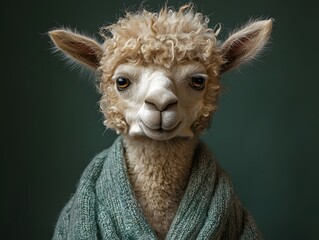 Wise Alpaca in Cozy Pajamas Fluffy Soft Fur and Dreamy Expression