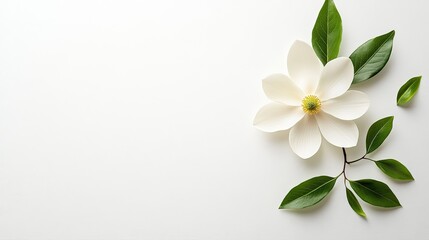 Fototapeta premium White Magnolia Blossom with Green Leaves on White Background