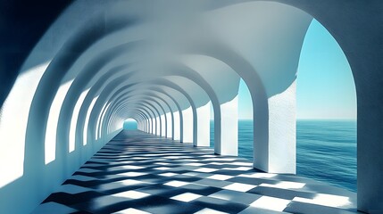 A dramatic and visually striking architectural perspective featuring a series of receding arches with bold converging diagonal lines that draw the viewer s gaze deep into the frame