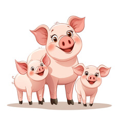 Obraz premium Adorable Pig Family: A Charming Cartoon Illustration of a Mother Pig and Her Two Piglets