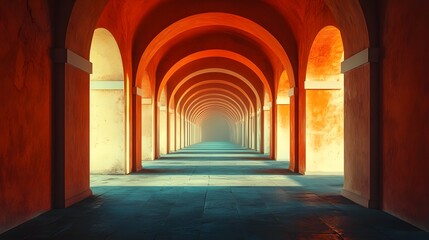 Fototapeta premium composition showcasing a vanishing point within a grand ornate arched hallway captured in a cinematic style with dynamic shadows and dramatic lighting that evokes a sense of mystery and grandeur