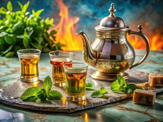 Smooth marble reflects the amber glow of freshly brewed mint tea, a Mauritanian ritual.