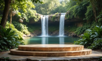 Serene waterfall with a circular platform
