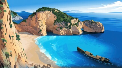 Illustration of a beach with golden sand, shipwreck, and turquoise ocean waters.