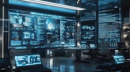 Obraz premium Futuristic Cybersecurity Office Control Room Displays Data