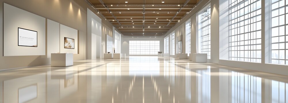 A spacious exhibition hall with neutral walls, bright lighting, and high ceilings, offering an ideal environment for product displays and text space