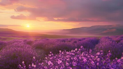 Fototapeta premium Serene Sunset Over Vibrant Lavender Fields in Blooming Landscape
